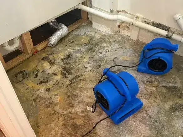 Air movers aimed across a bare subfloor while it dries after a pipe leak