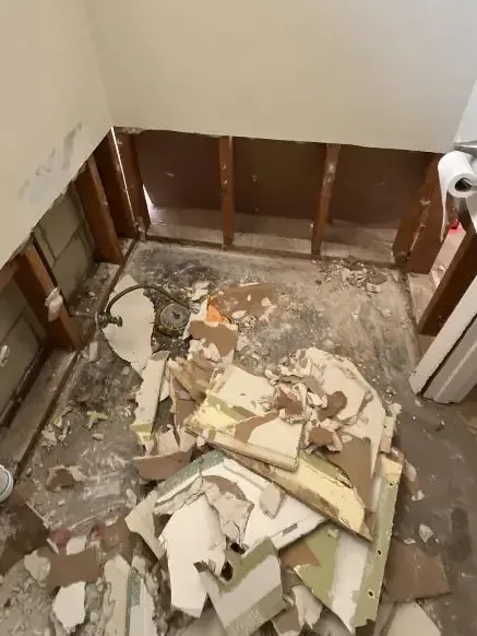 A bathroom opened down to the studs after a sewage backup cleanup