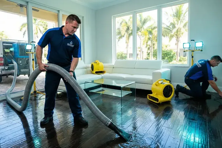Restoration technician running extraction equipment to pull standing water out of a water damaged room inside a home