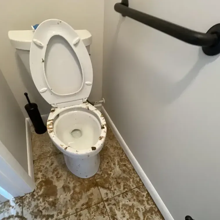 Sewage backed up across a bathroom floor around the toilet